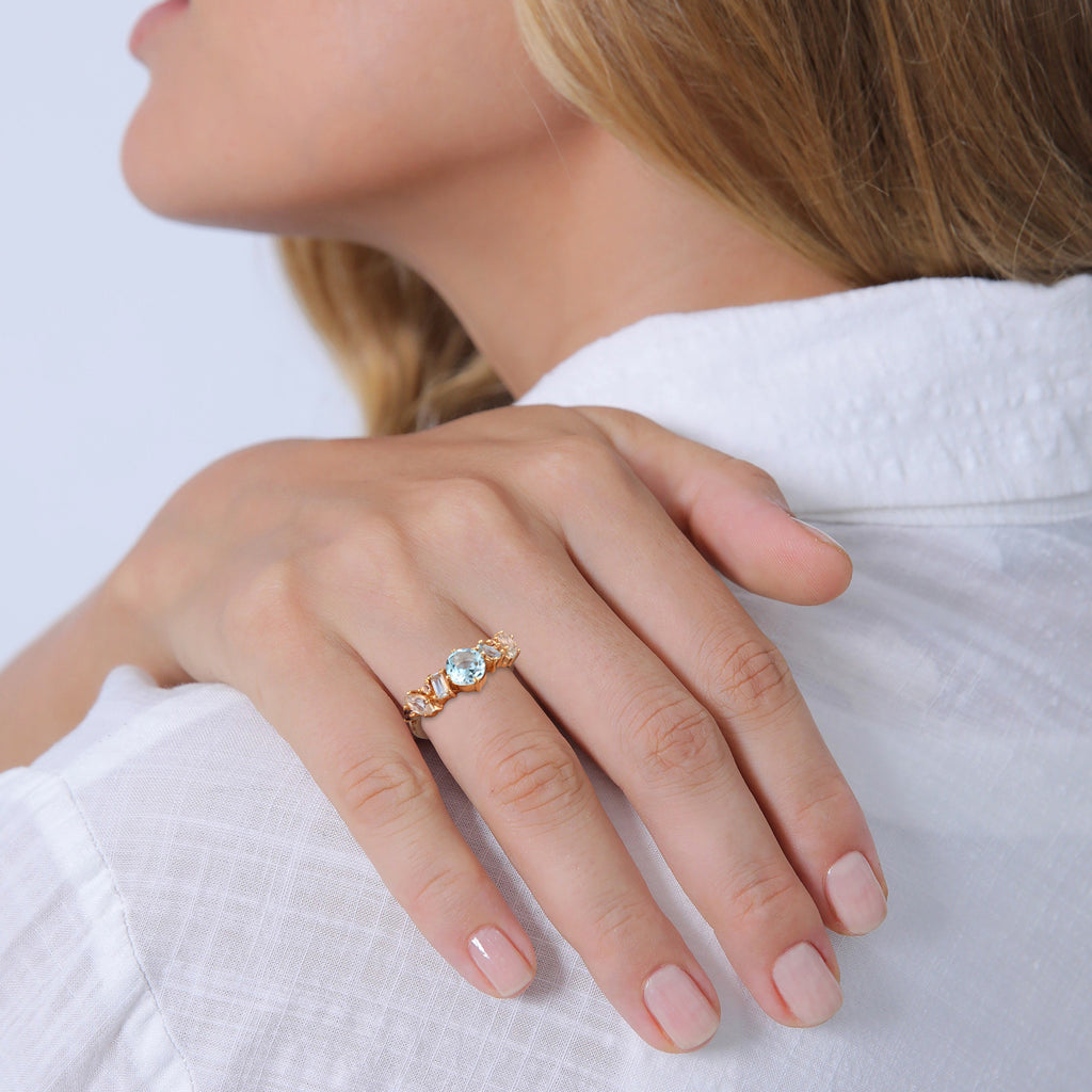 Gold Cincin Perhiasan Perak 925 Wanita Classic Topaz, Moonstone And Amethyst Gold Plated