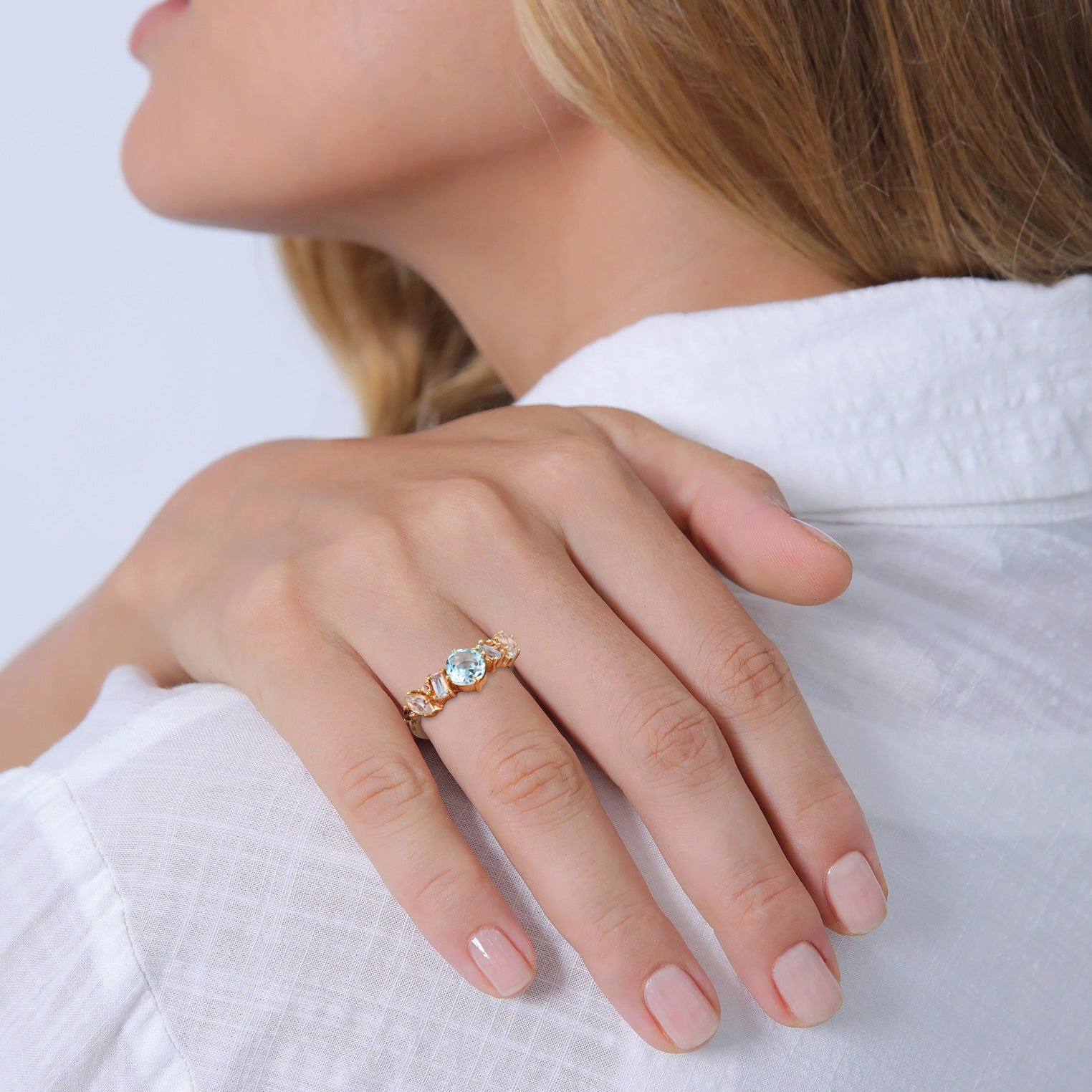 Gold Cincin Perhiasan Perak 925 Wanita Classic Topaz, Moonstone And Amethyst Gold Plated