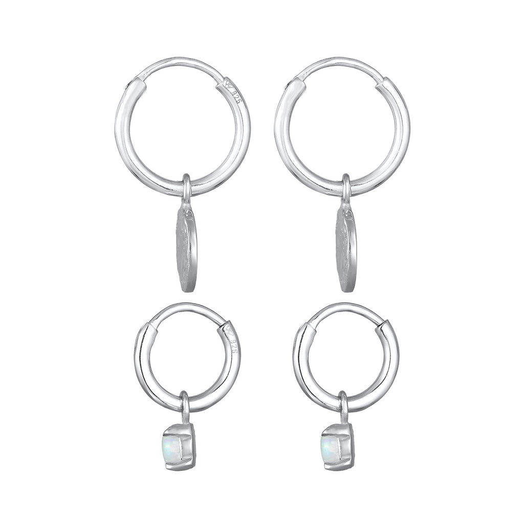 Silver Perhiasan Wanita Perak Asli - Silver Anting Creoles Platelet Set Of 2 Opal
