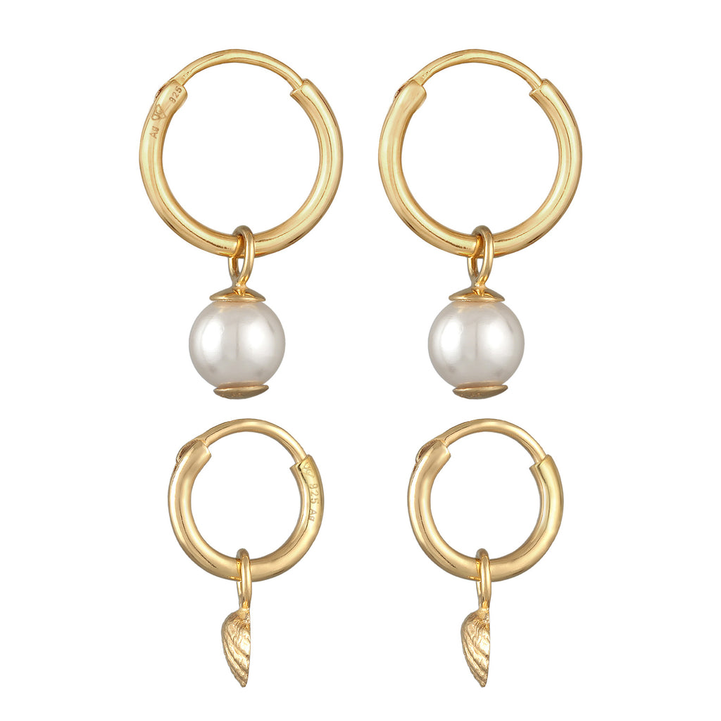 Gold Perhiasan Wanita Perak Asli - Silver Anting Creoles Shell Pendant Set Of 2 Shell Core Pearl Lapis Emas