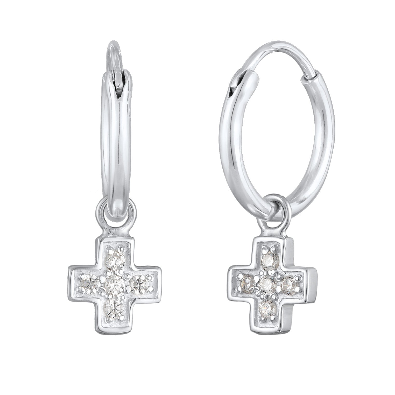 Silver Perhiasan Wanita Perak Asli - Silver Anting Creoles Cross Pendant Zirconia