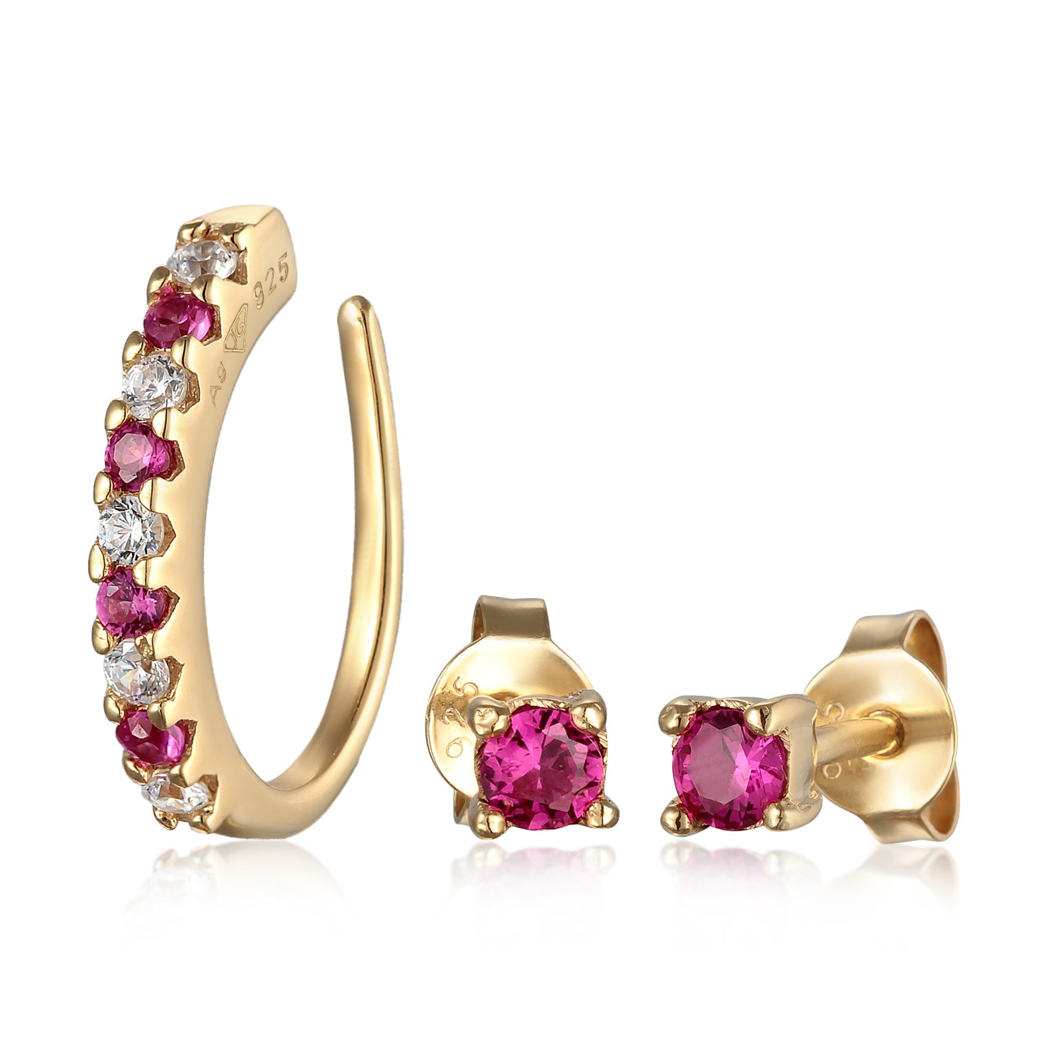 Gold Perhiasan Wanita Perak Asli - Silver Anting Stud Set Earcuff Basic Zirconia And Synt. Ruby Lapis Emas