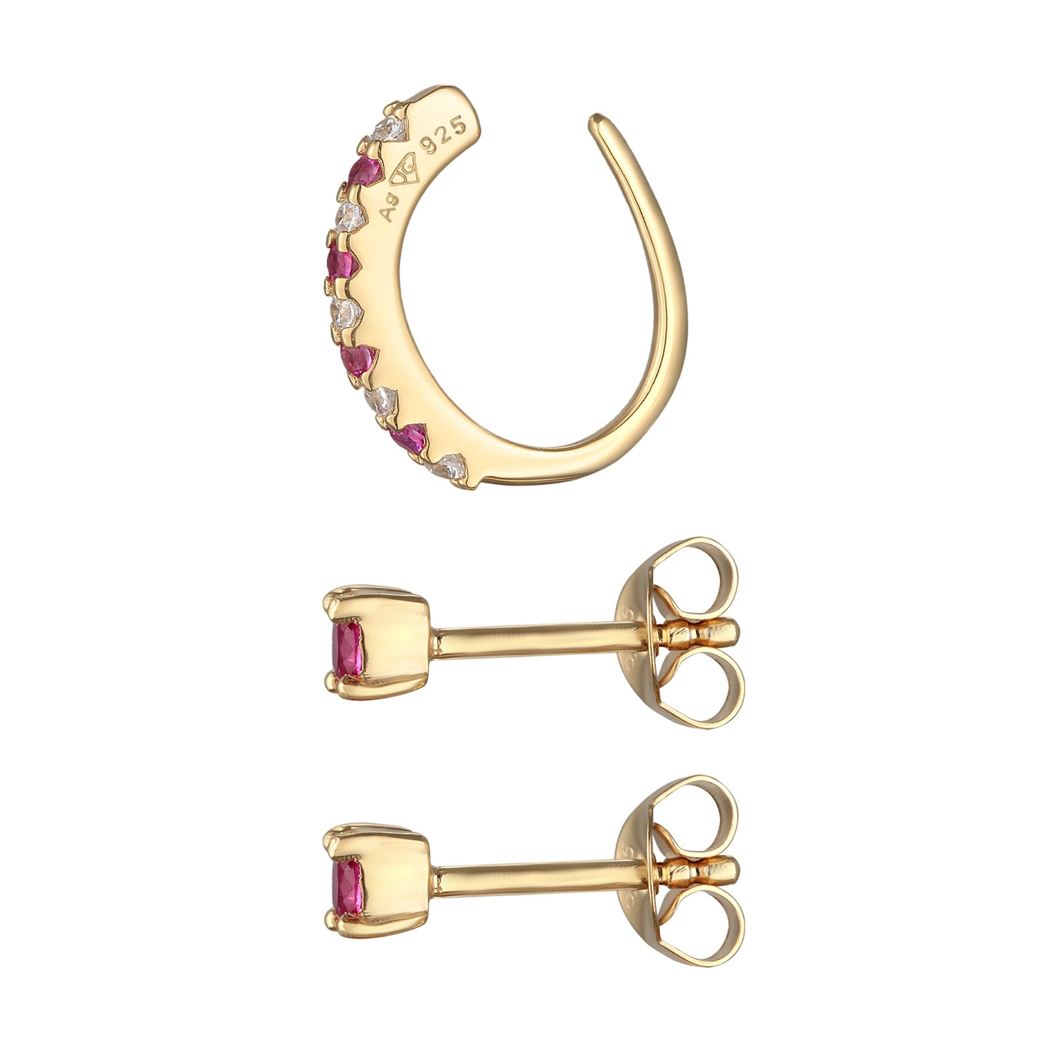 Gold Perhiasan Wanita Perak Asli - Silver Anting Stud Set Earcuff Basic Zirconia And Synt. Ruby Lapis Emas