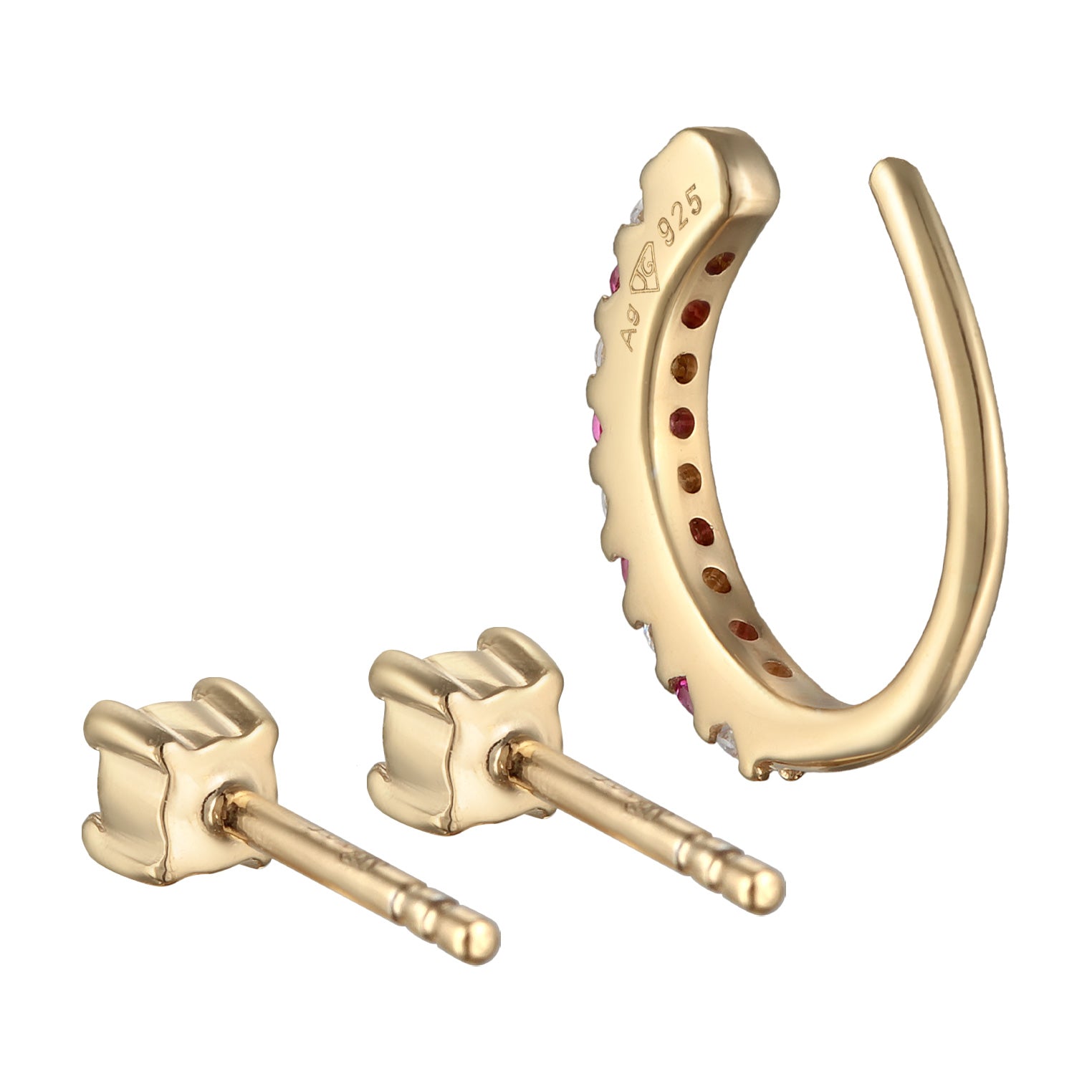 Gold Perhiasan Wanita Perak Asli - Silver Anting Stud Set Earcuff Basic Zirconia And Synt. Ruby Lapis Emas
