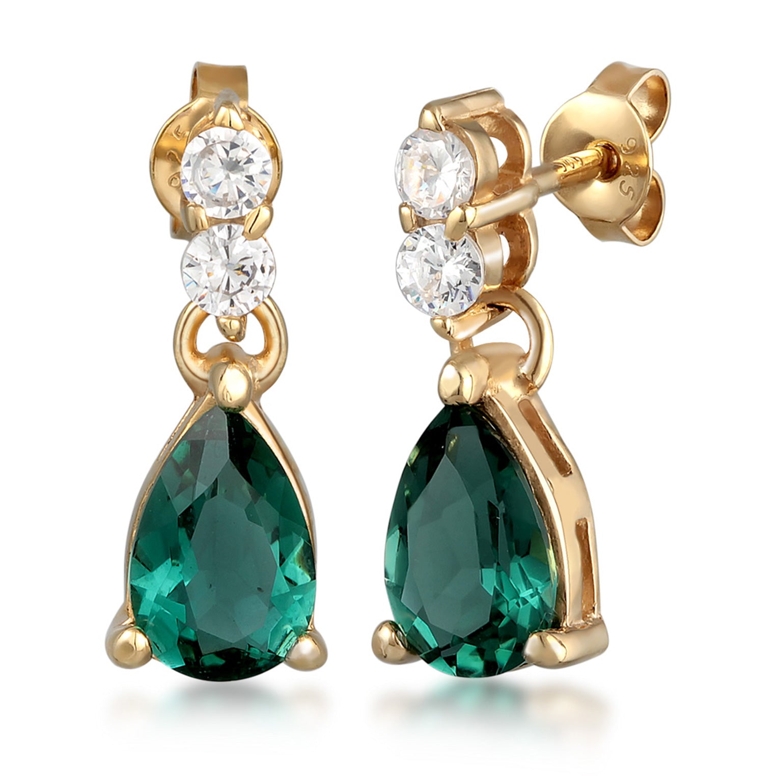 Gold Perhiasan Wanita Perak Asli - Silver Anting Ear Hanger Drop Elegant Zirconia And Quartz Green Lapis Emas