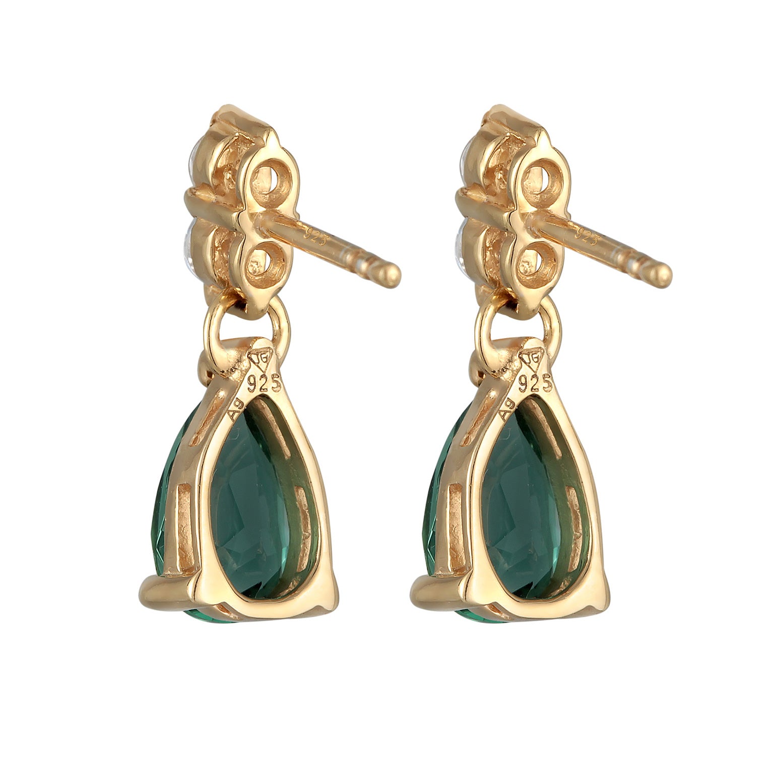 Gold Perhiasan Wanita Perak Asli - Silver Anting Ear Hanger Drop Elegant Zirconia And Quartz Green Lapis Emas