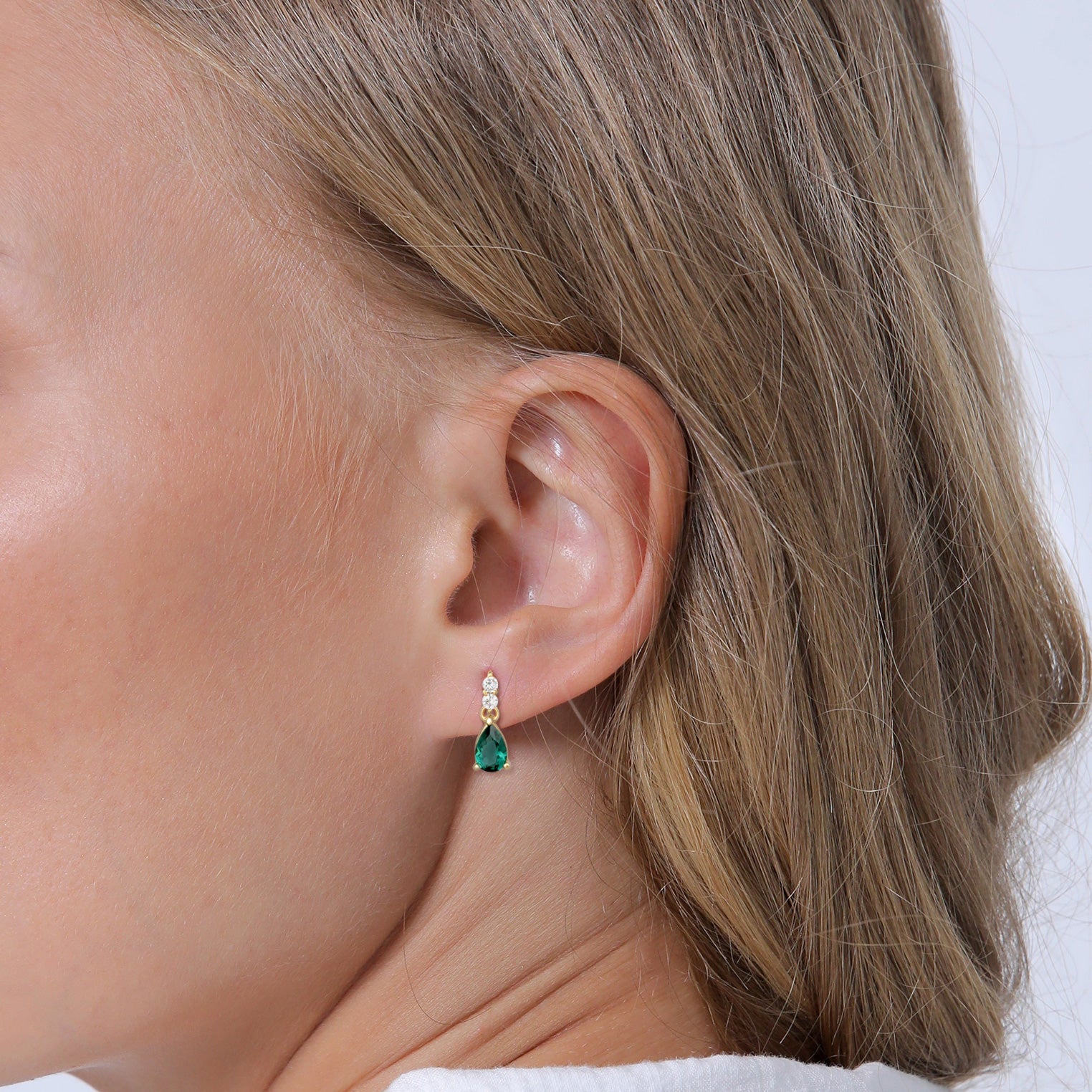 Gold Perhiasan Wanita Perak Asli - Silver Anting Ear Hanger Drop Elegant Zirconia And Quartz Green Lapis Emas