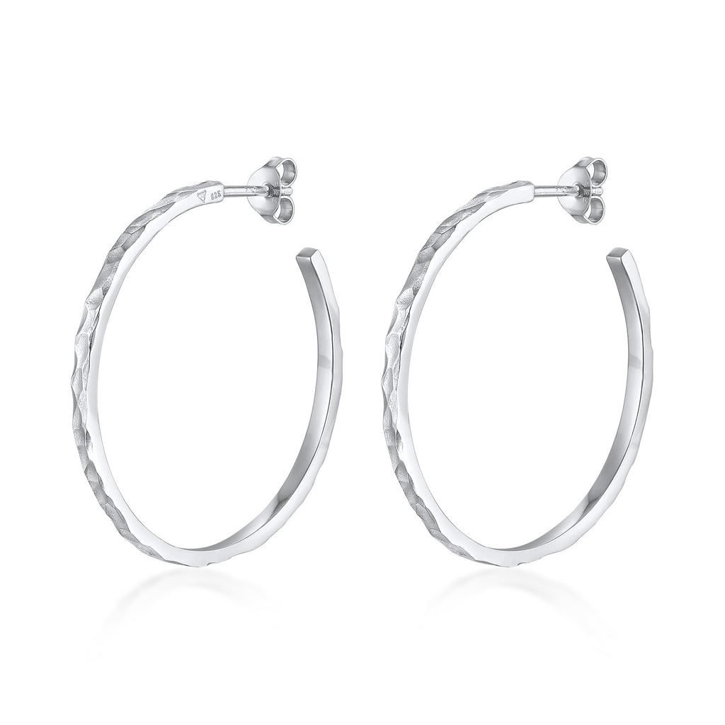 Hammered Open Hoop Earrings 925 Silver
