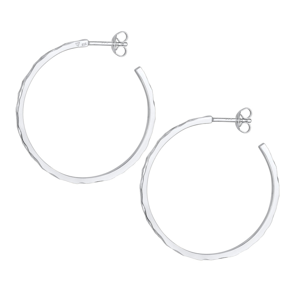 Hammered Open Hoop Earrings 925 Silver