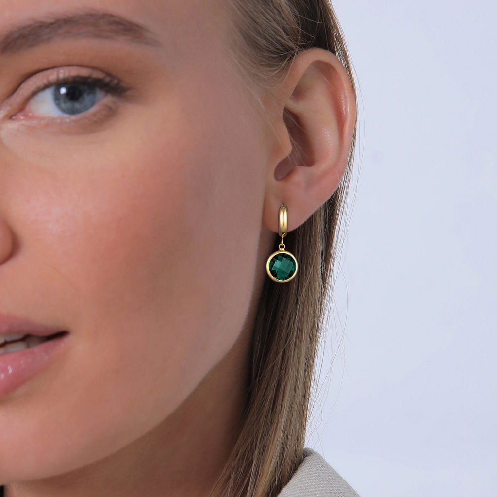 Gold Anting Perhiasan Perak 925 Wanita Creoles Pendant Round Quartz Green Gold Plated