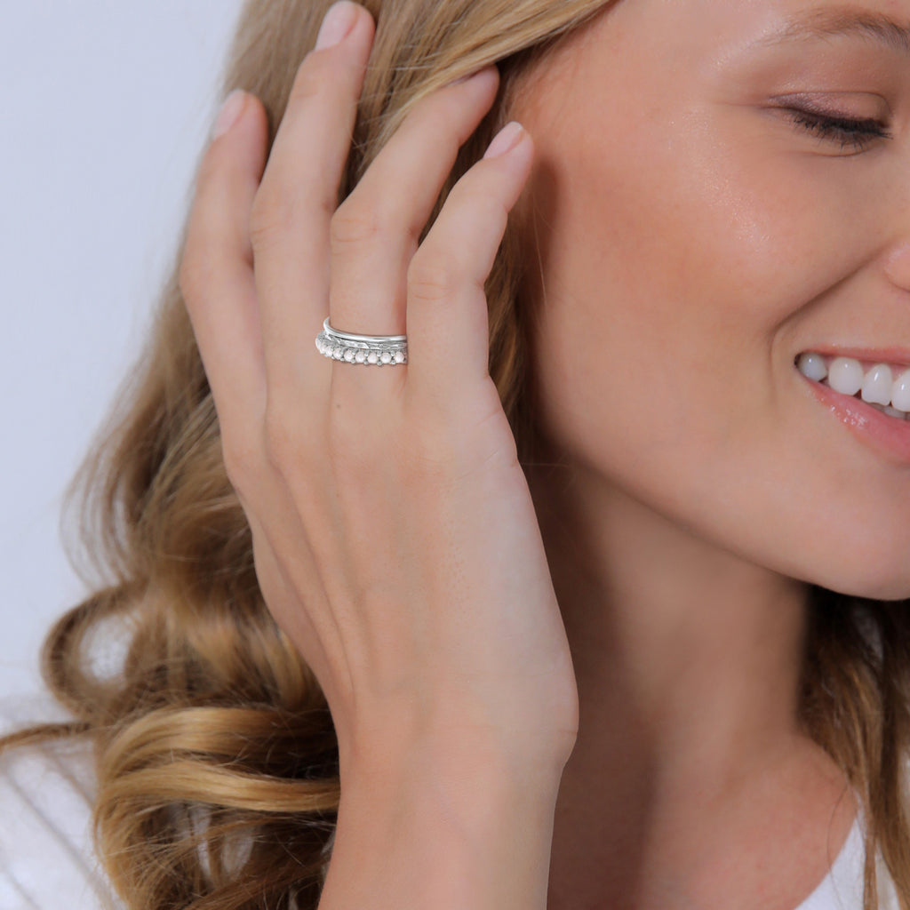 Silver Perhiasan Wanita Perak Asli - Silver Cincin Stack Band Trend Mutiara