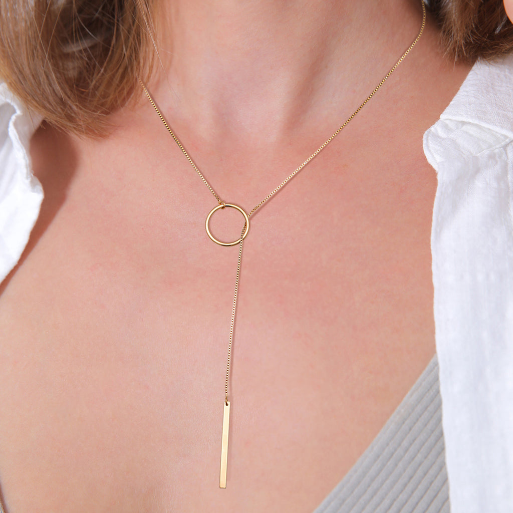 Gold Perhiasan Wanita Perak Asli - Silver Kalung Y-Chain Circle Geo Lapis Emas