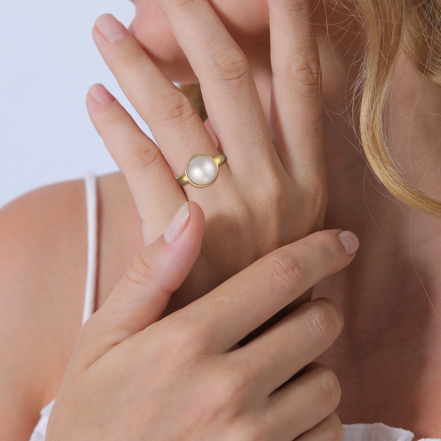 Gold Perhiasan Wanita Perak Asli - Silver Cincin Elegant Round Pearl Lapis Emas