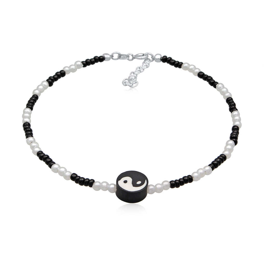 Bicolor - Elli | Yin Yang Bead Anklet 925 Silver White