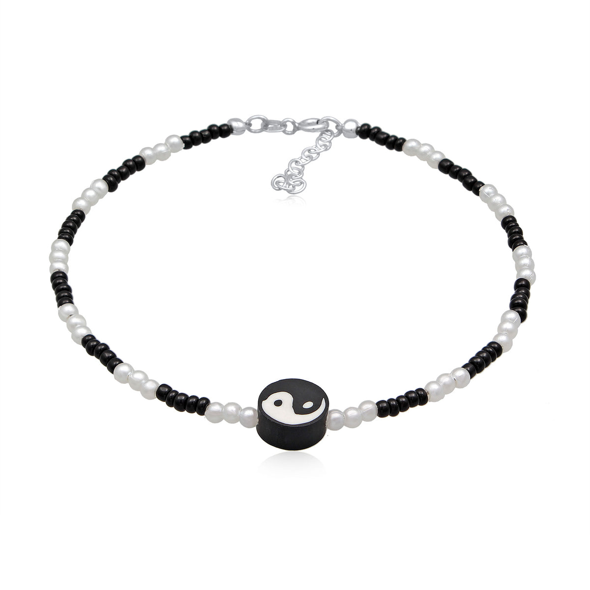 Yin Yang Bead Anklet 925 Silver White