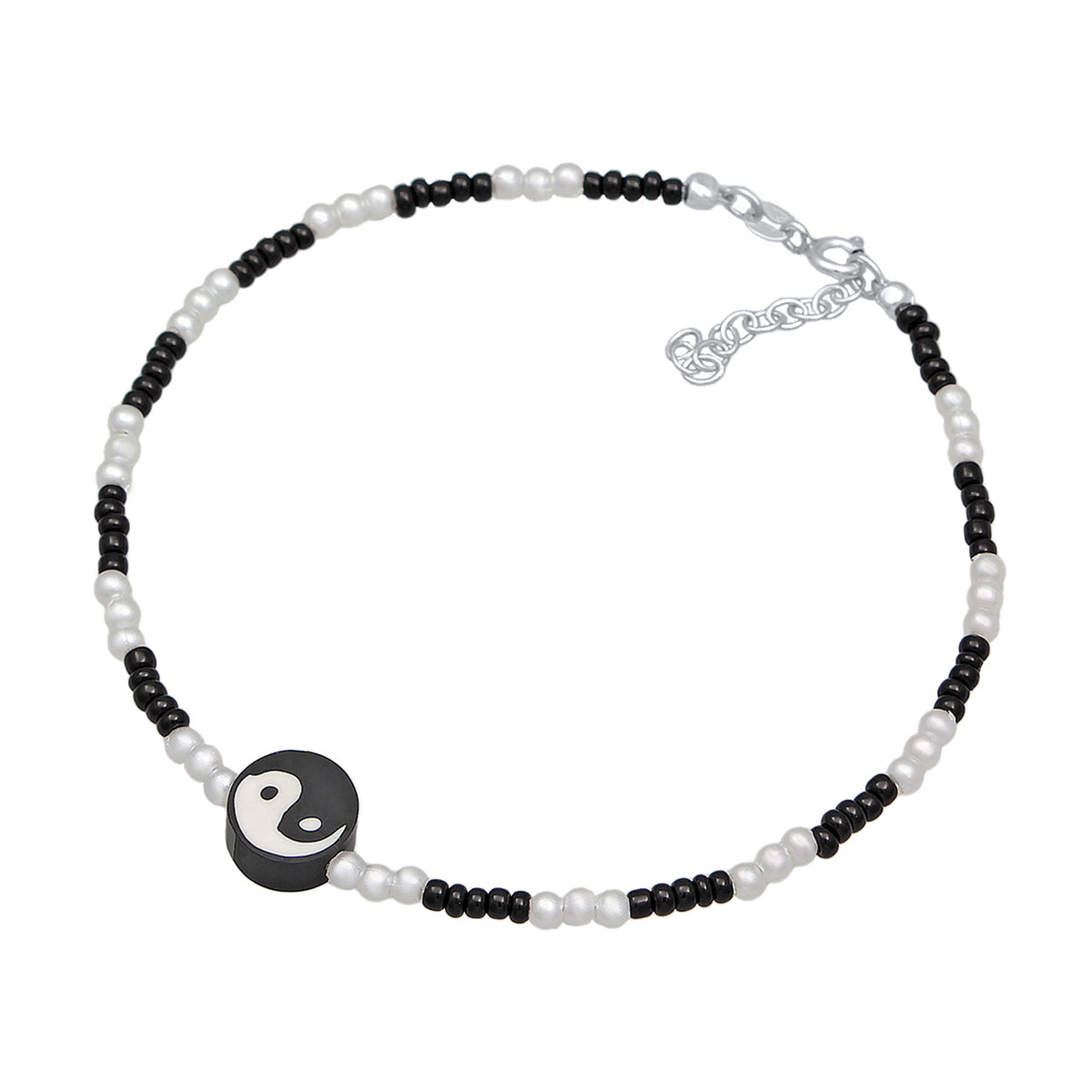 Yin Yang Bead Anklet 925 Silver White
