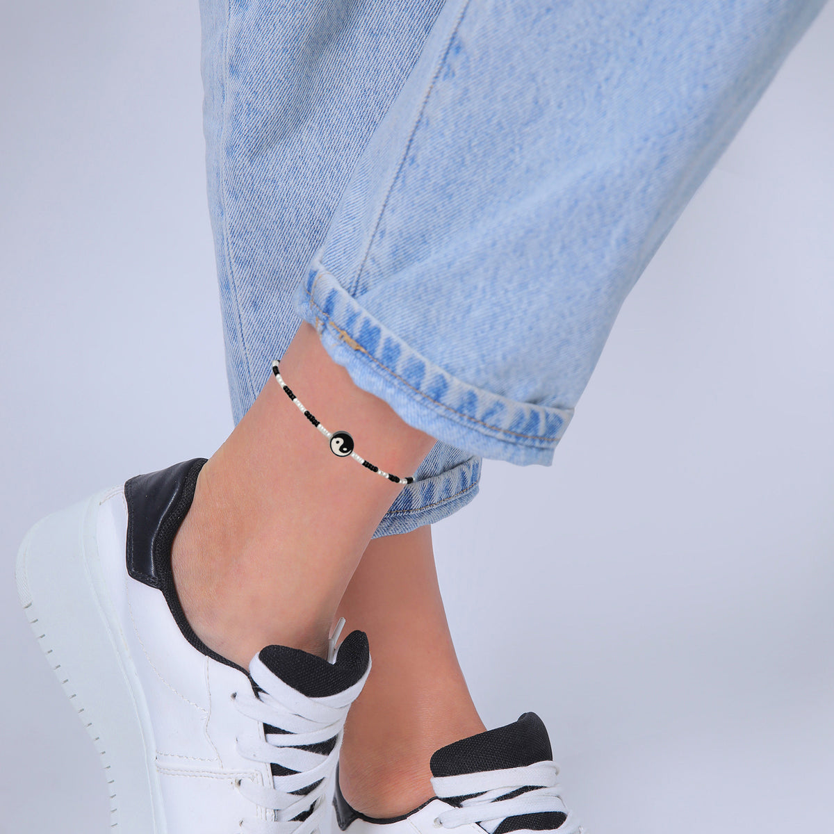 Yin Yang Bead Anklet 925 Silver White