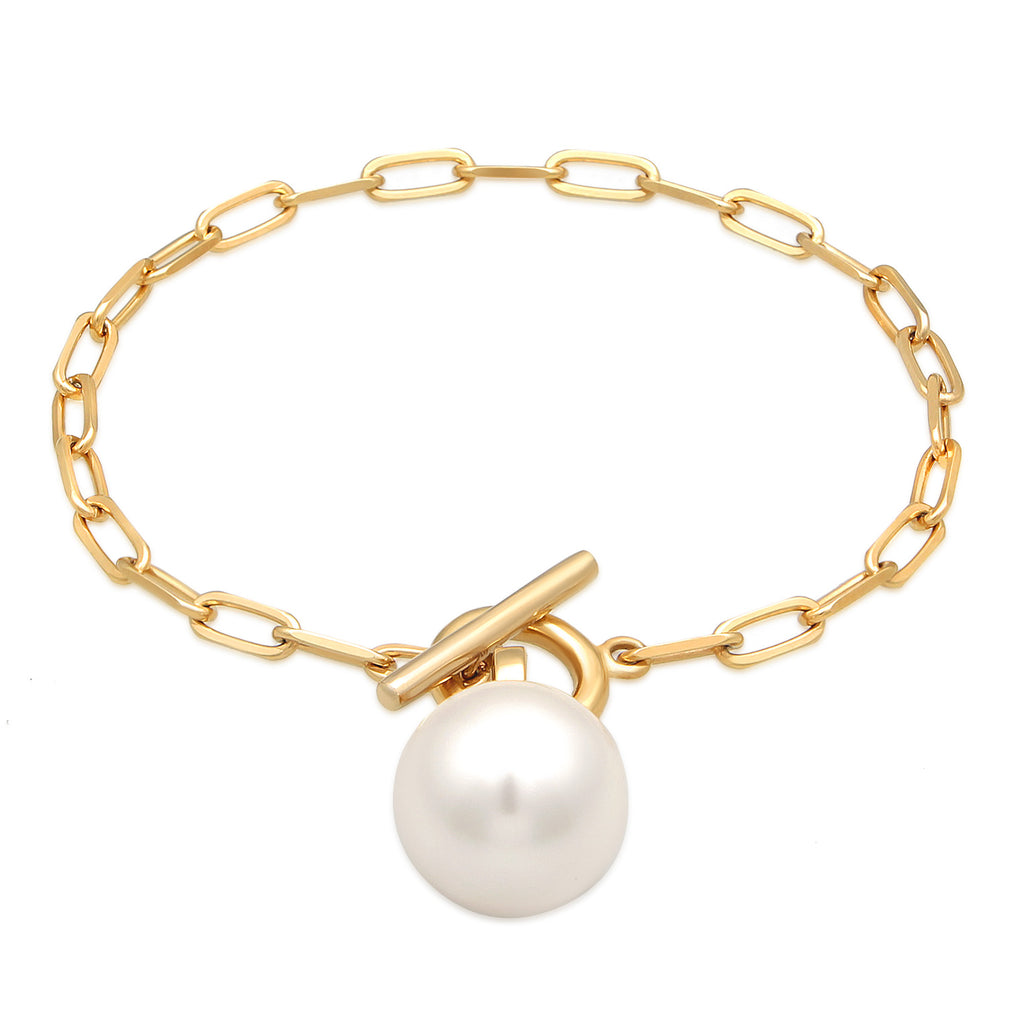 Gold Perhiasan Wanita Perak Asli - Silver Gelang Links Basic Toggle Clasp Synth. Pearl Lapis Emas
