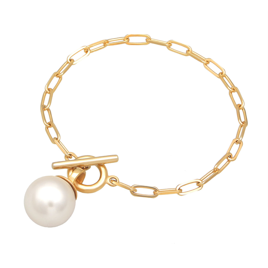 Gold Perhiasan Wanita Perak Asli - Silver Gelang Links Basic Toggle Clasp Synth. Pearl Lapis Emas