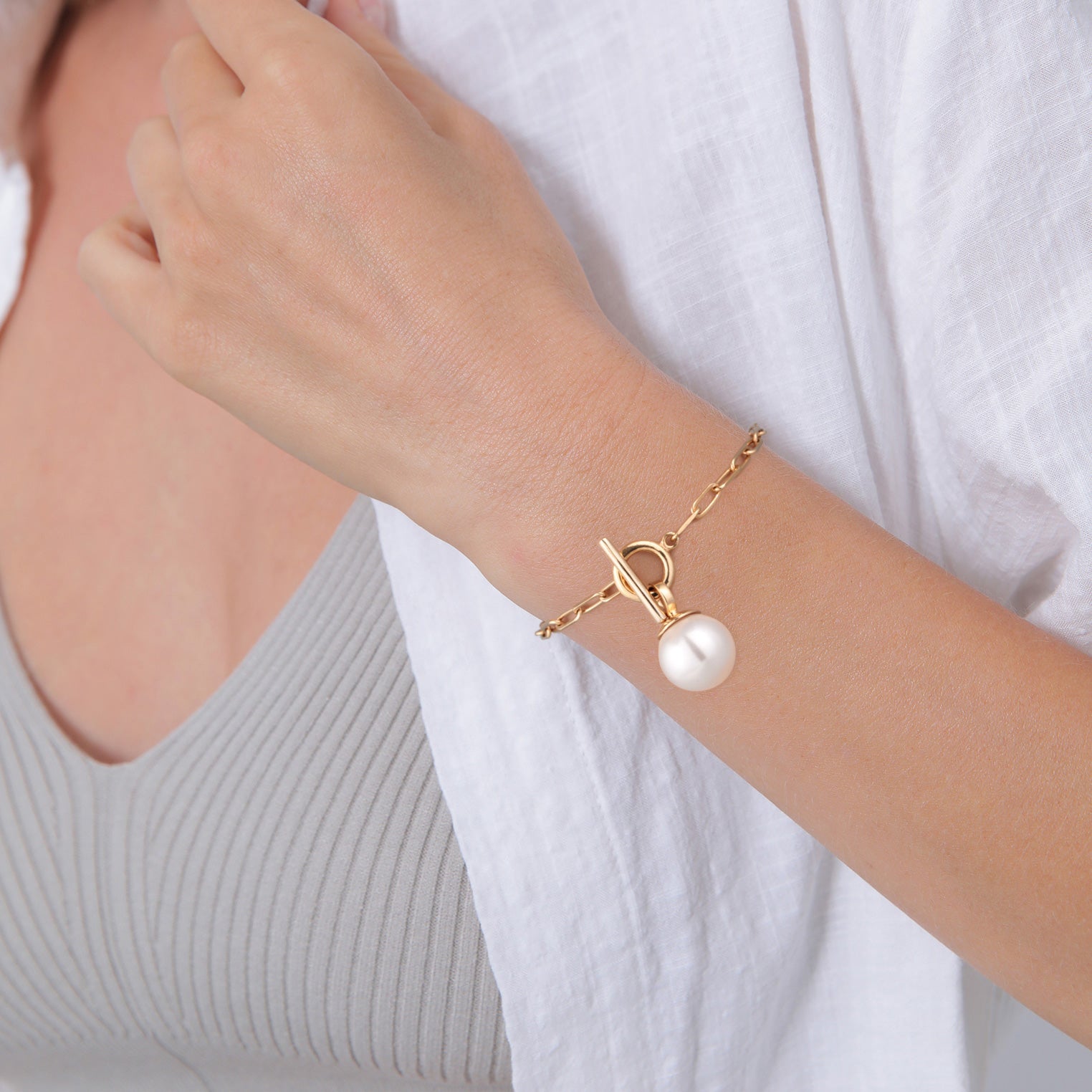 Gold Perhiasan Wanita Perak Asli - Silver Gelang Links Basic Toggle Clasp Synth. Pearl Lapis Emas
