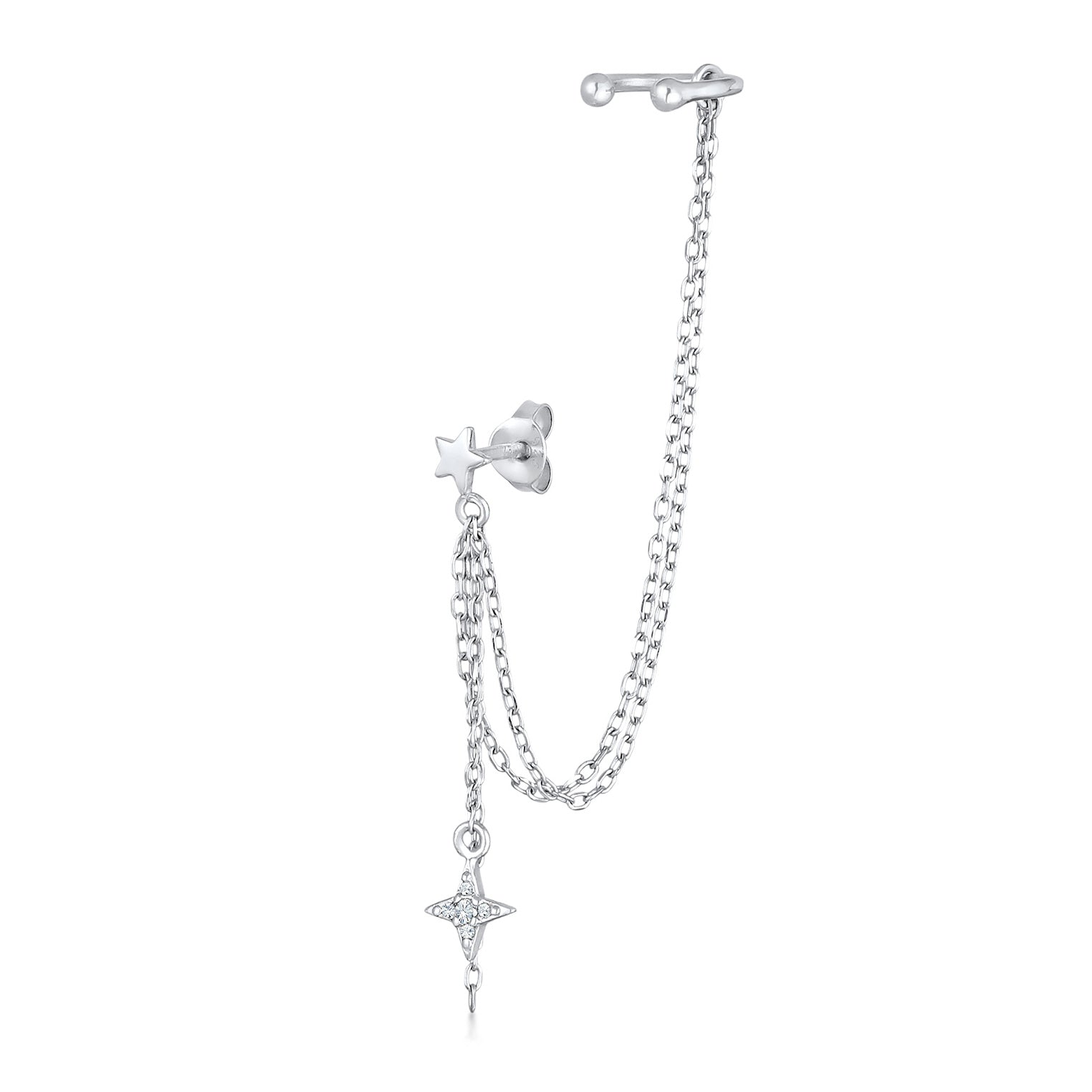 Silver Perhiasan Wanita Perak Asli - Silver Anting Earcuff Ear Clamp Star Chain with Crystal