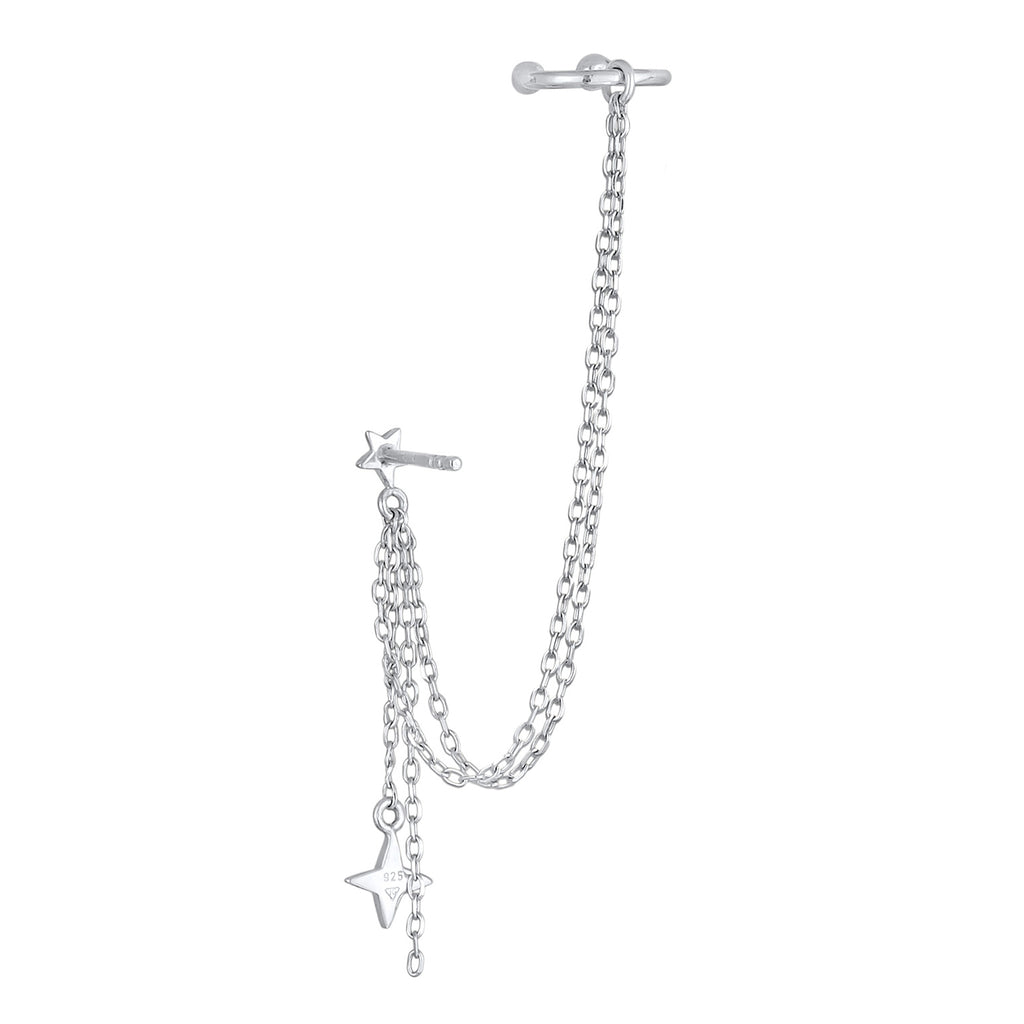 Silver Perhiasan Wanita Perak Asli - Silver Anting Earcuff Ear Clamp Star Chain with Crystal