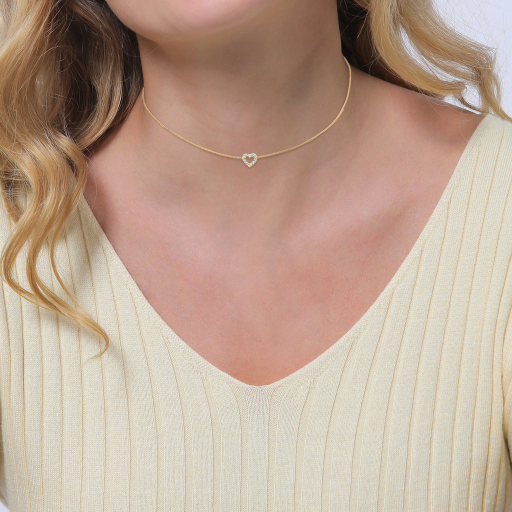 Gold Ladies Choker Heart Pendant Love with crystals in 925 sterling silver gold plated