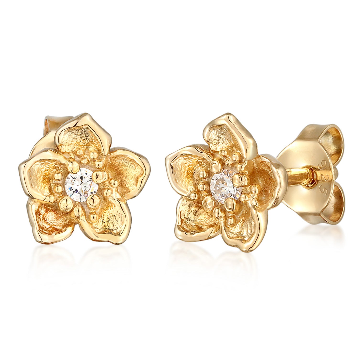 Gold Perhiasan Wanita Perak Asli - Silver Anting Stud Flower with Zirconia Gold Plated