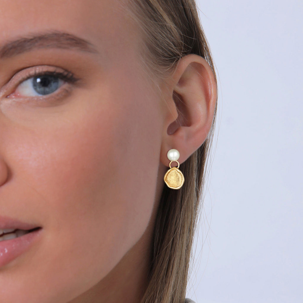 Gold Perhiasan Wanita Perak Asli - Silver Anting Ear Hanger Organic Coin Freshwater Pearl Lapis Emas