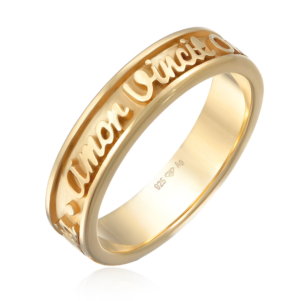 Gold Cincin Perhiasan Perak 925 Wanita Band Words Amor Vincit Omnia Elegant Gold Plated