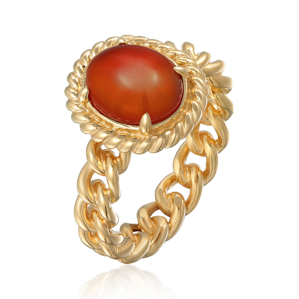Ring Solitaire Classic Chain Look Carnelian 925 Sterling Silver Gold Plated