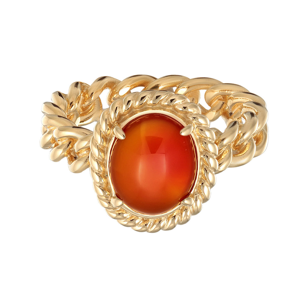 Ring Solitaire Classic Chain Look Carnelian 925 Sterling Silver Gold Plated