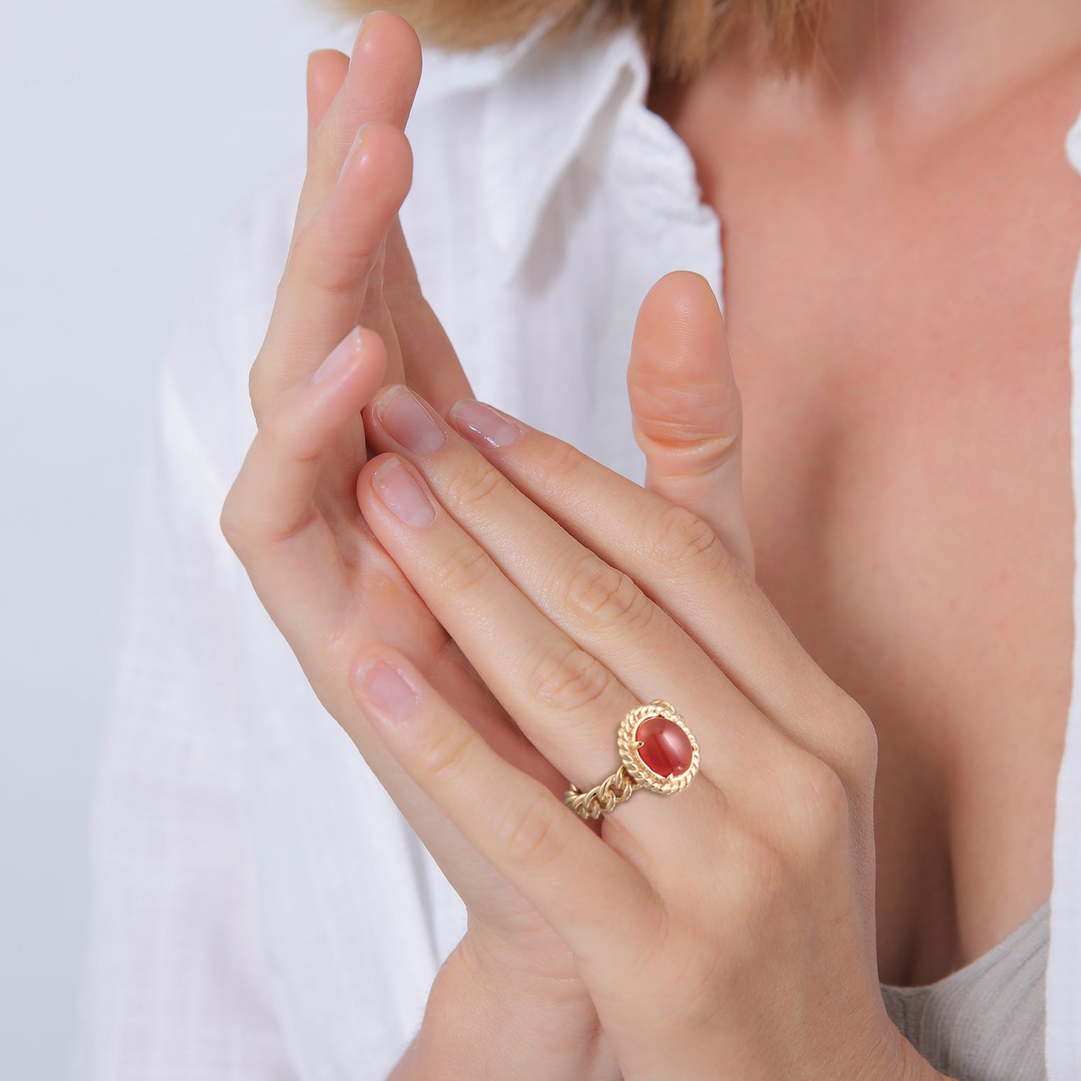 Orange Cincin Perhiasan Perak 925 Wanita Solitaire Classic Chain Look Carnelian Gold Plated