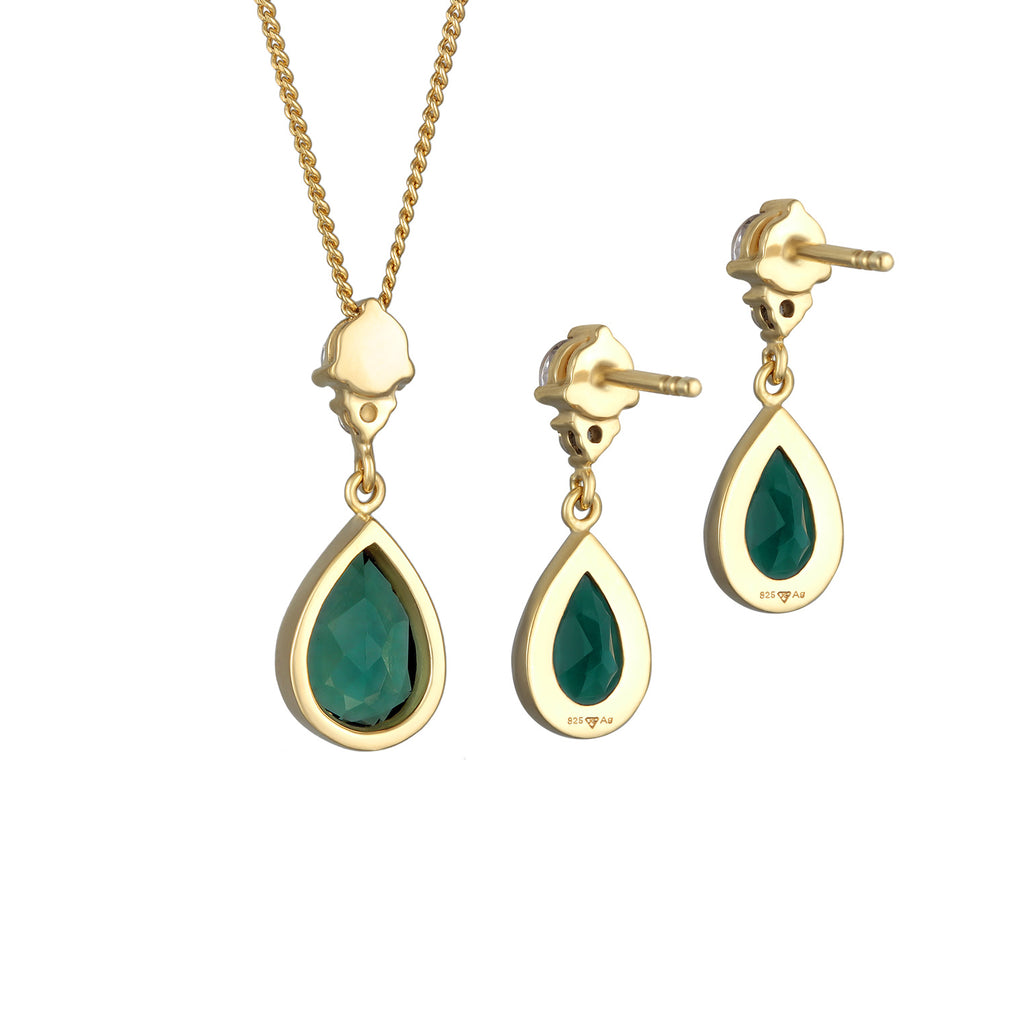 Green Set Perhiasan Perak 925 Wanita Drop Quartz Crystal Green Gold Plated