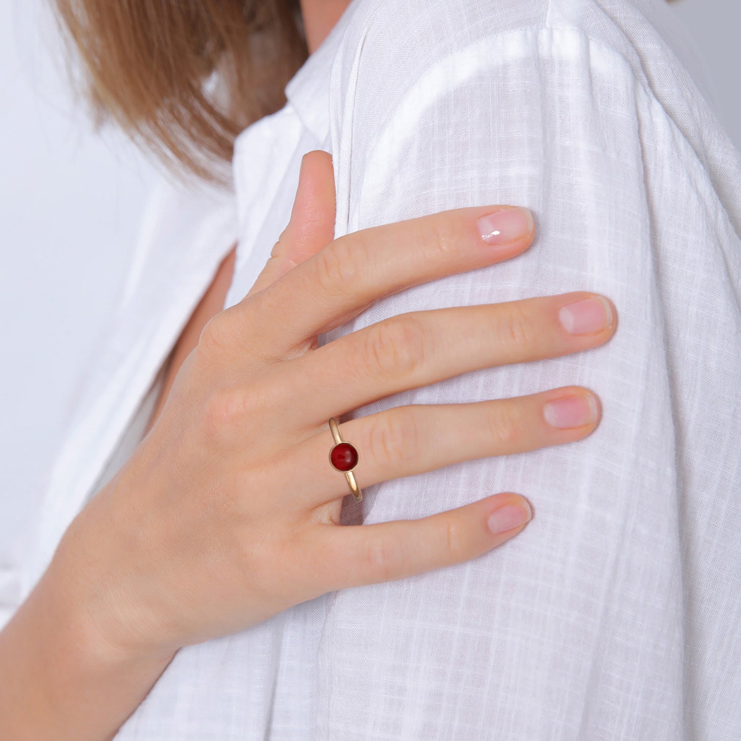 Gold Cincin Perhiasan Perak 925 Wanita Solitaire Plain Carnelian Gold Plated