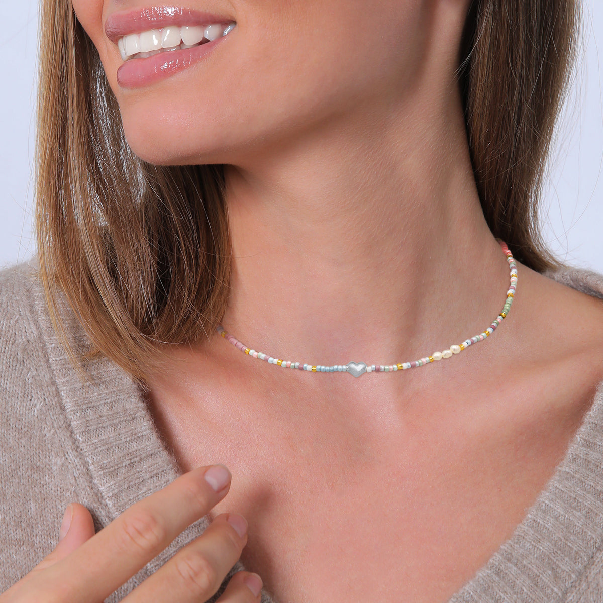 Silver - Elli | Pastel Bead Heart Choker Necklace 925 Silver Multicolour
