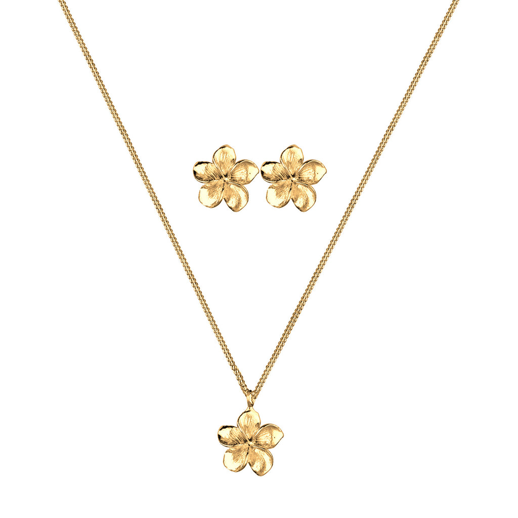 Gold Perhiasan Wanita Perak Asli - Silver Perhiasan Set Frangipani Flower Pendant Gold Plated