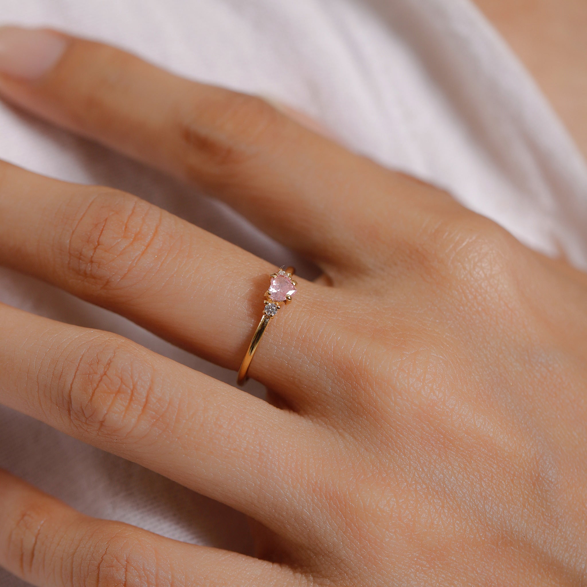 Pink Cincin Ring Perak 925 Lapis Emas Wanita Hati Zirconia Pink Handmade