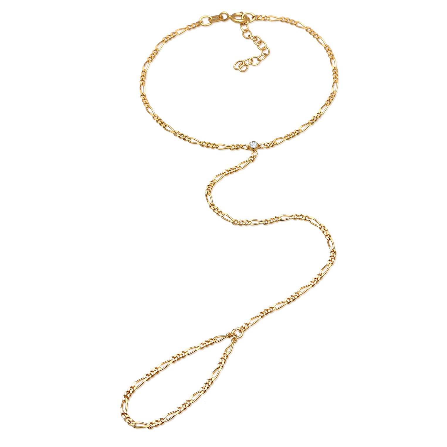 Gold Perhiasan Wanita Perak Asli - Silver Gelang Hand Chain Figaro with Crystals Gold Plated
