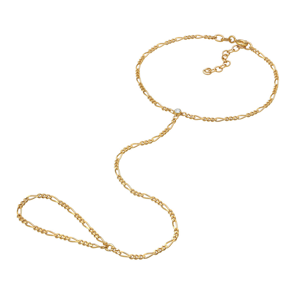Gold Perhiasan Wanita Perak Asli - Silver Gelang Hand Chain Figaro with Crystals Gold Plated
