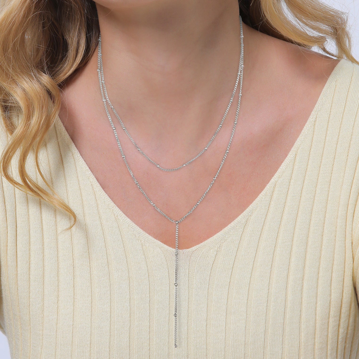 Silver Kalung Perhiasan Perak 925 Wanita Y-Chain Layer Balls