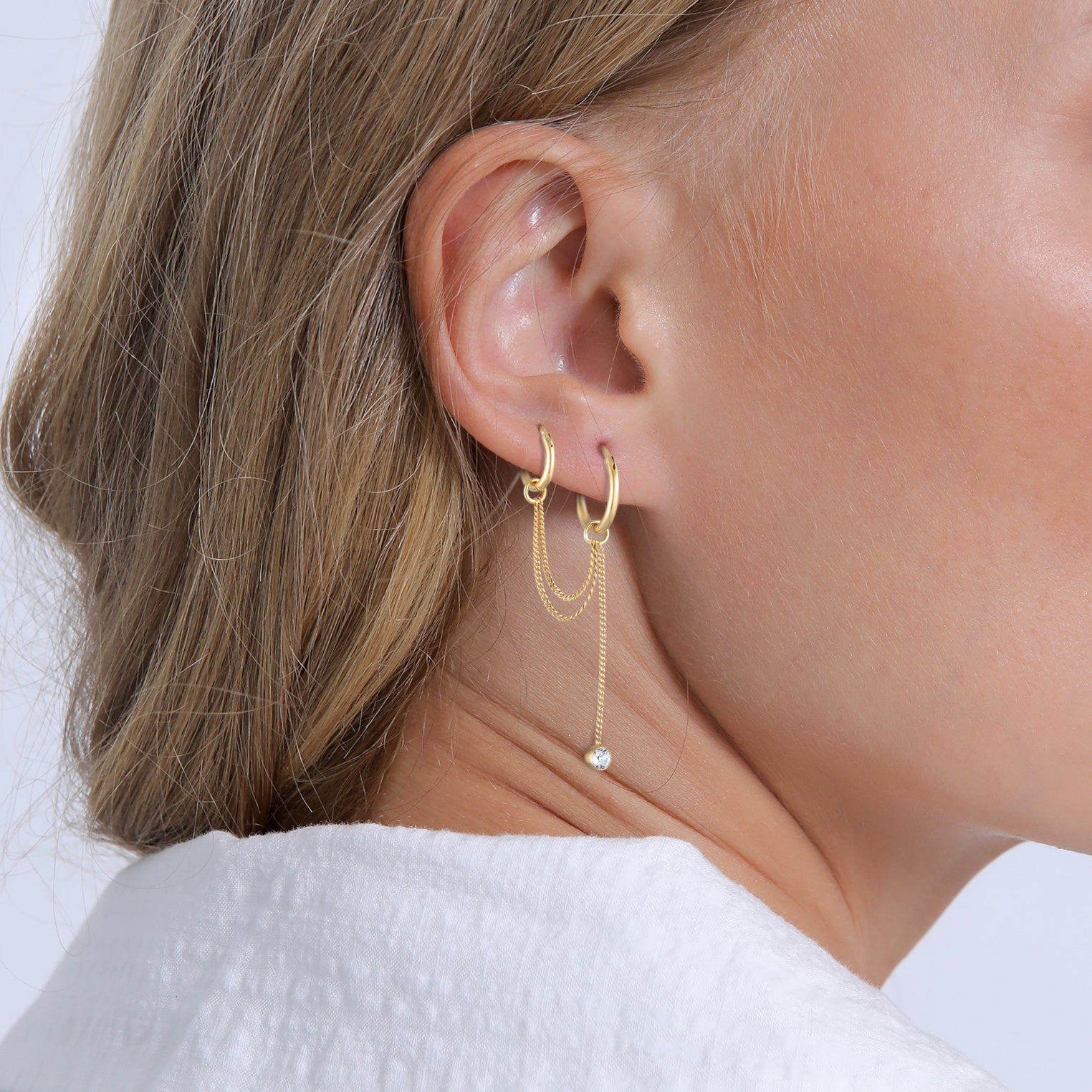Gold Perhiasan Wanita Perak Asli - Silver Anting Creoles Ear Chain Modern with Crystals