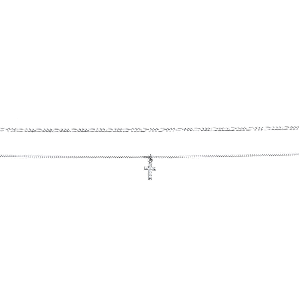 Silver Kalung Perhiasan Perak 925 Wanita Choker Layer Cross Filigree Zirconia