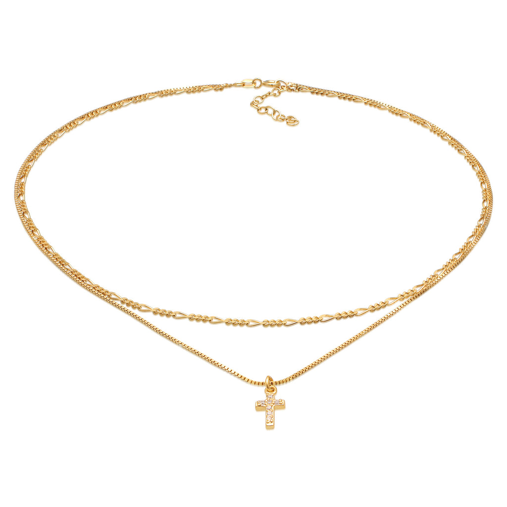Gold Kalung Perhiasan Perak 925 Wanita Choker Layer Cross Filigree Zirconia Gold Plated
