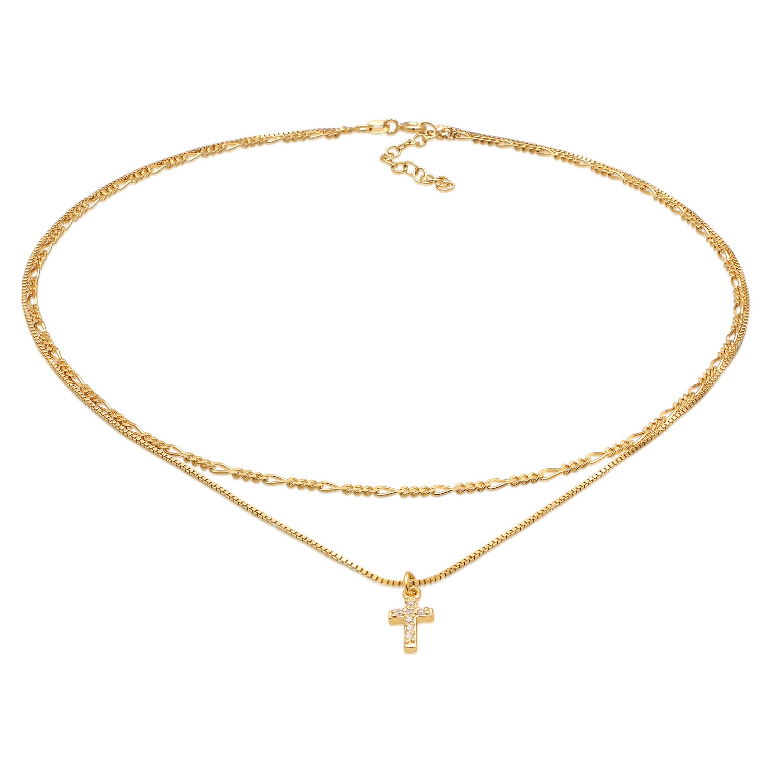 Gold Kalung Perhiasan Perak 925 Wanita Choker Layer Cross Filigree Zirconia Gold Plated