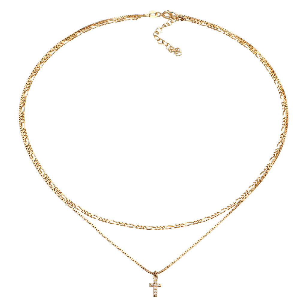 Gold Kalung Perhiasan Perak 925 Wanita Choker Layer Cross Filigree Zirconia Gold Plated