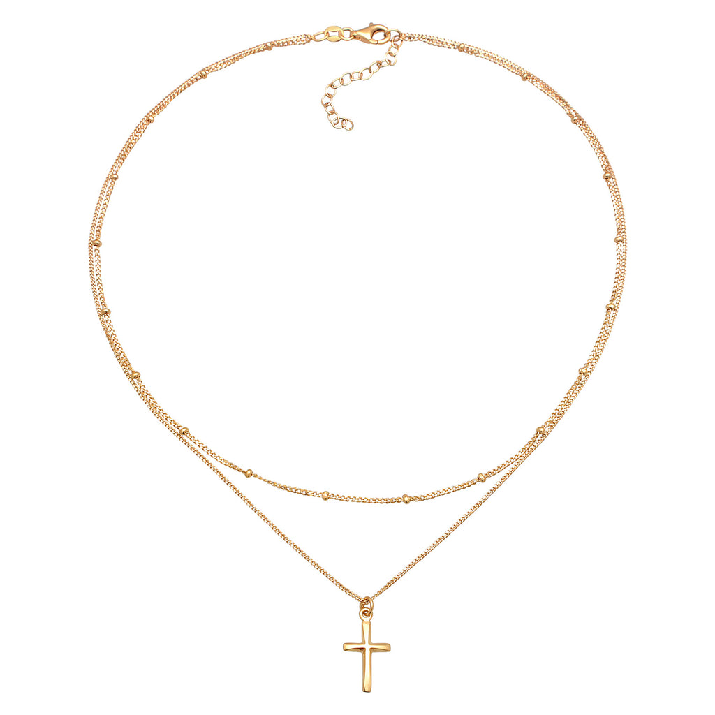 Gold Kalung Perhiasan Perak 925 Wanita Choker Cross Pendant Layer Gold Plated