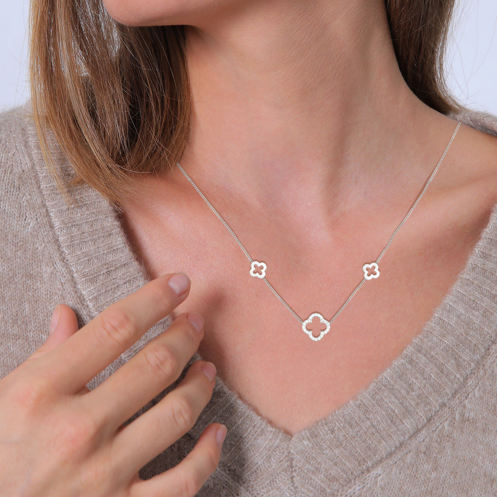 Silver Kalung Perhiasan Perak 925 Wanita Cloverleaf Symbol Luck Zirconia