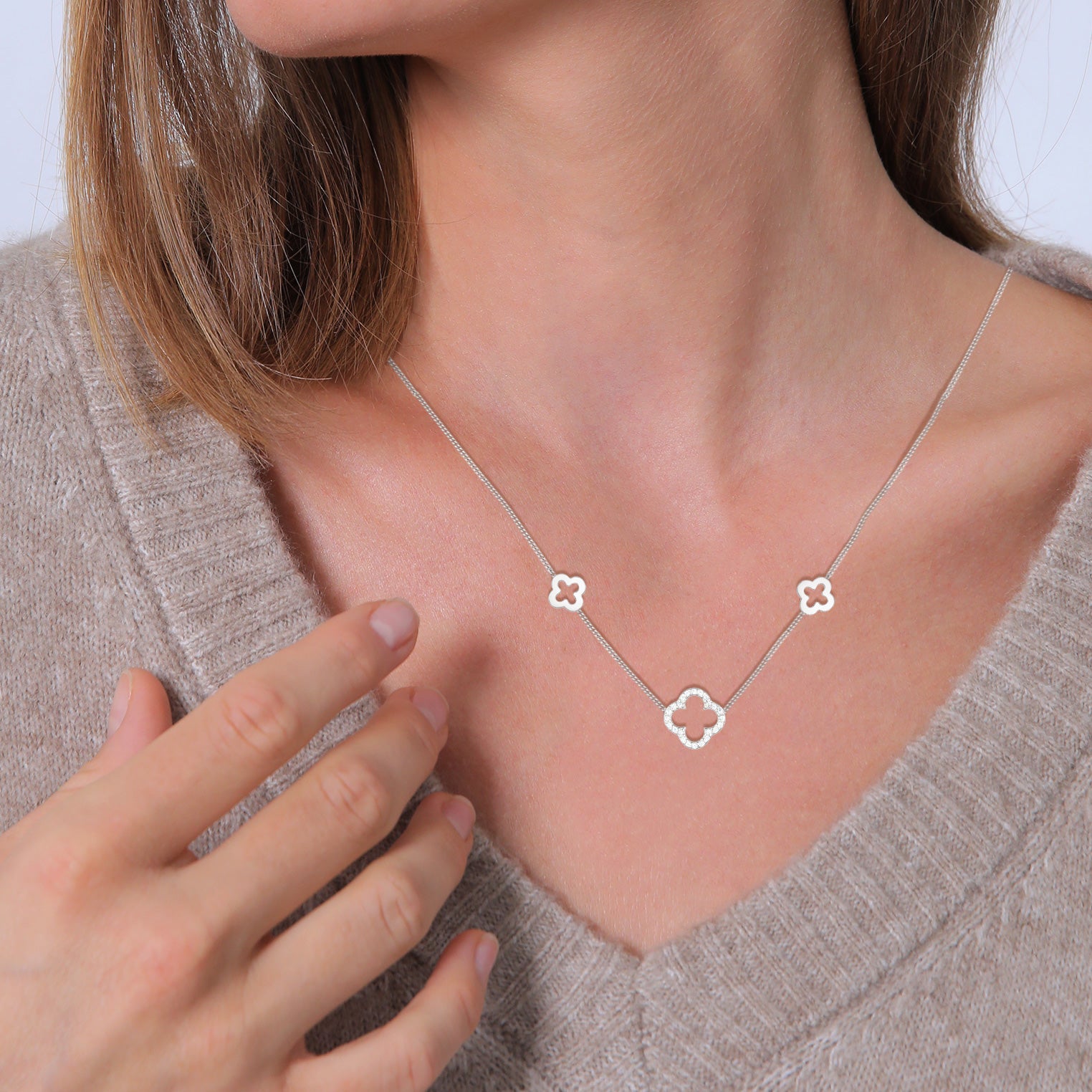 Silver Kalung Perhiasan Perak 925 Wanita Cloverleaf Symbol Luck Zirconia