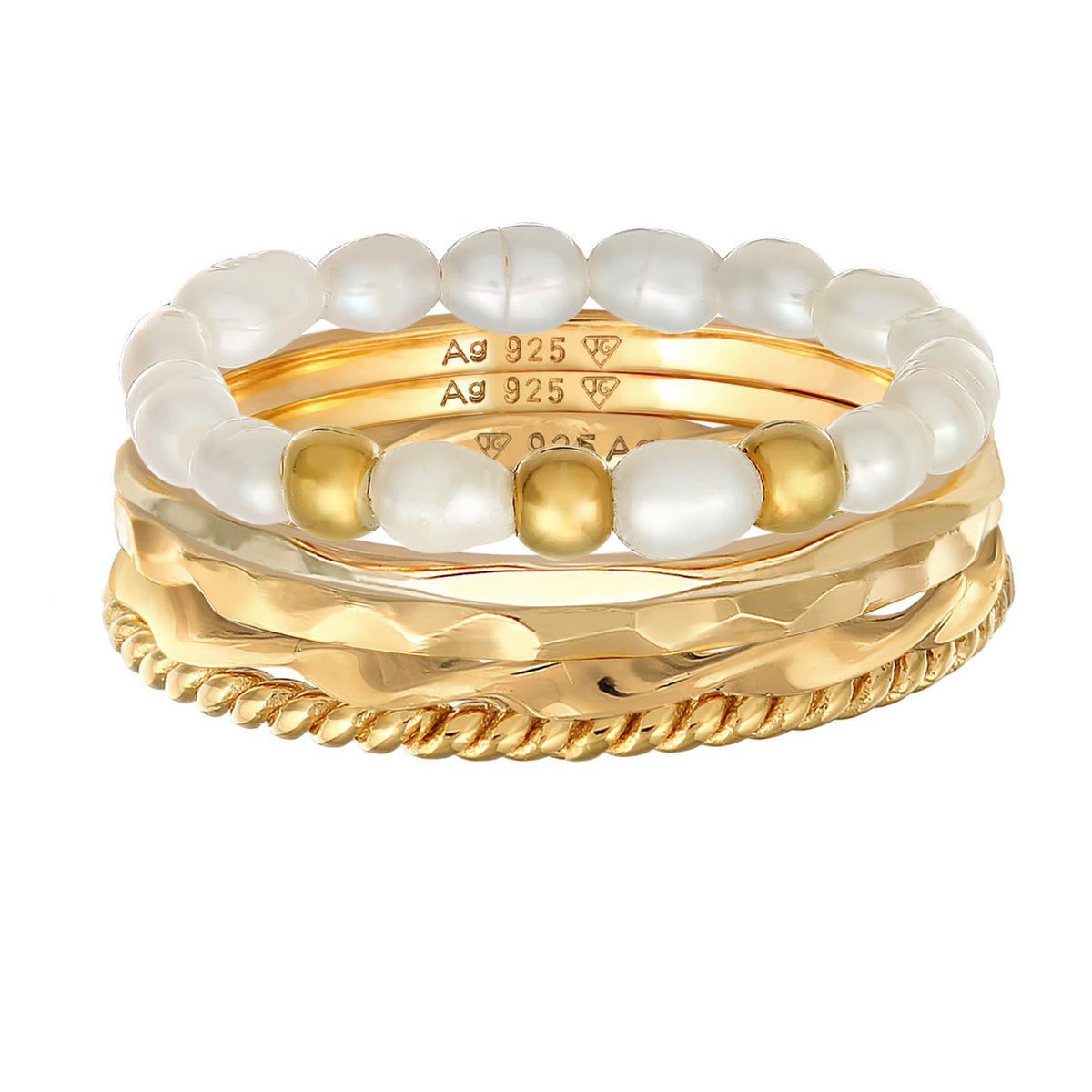 Ring Stack Basic Set Of 5 Freshwater Cultured Pearls 925 Sterling Silver Gold Plated